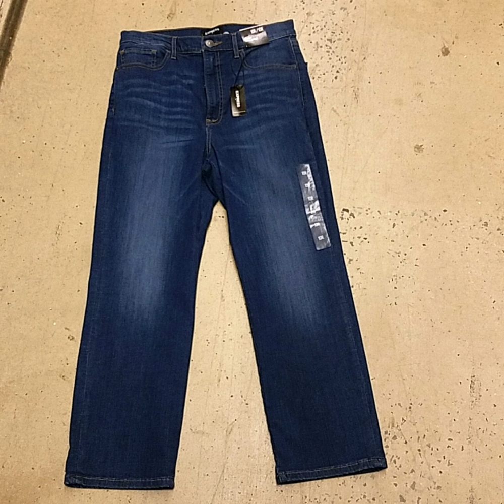 Express straight super high-rise jeans in blue wash